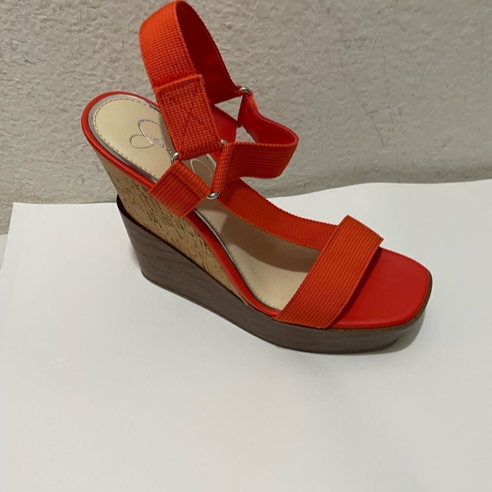 Jessica Simpson Orange wedges with ankle straps Half wood half cork wedge 7.5/38
